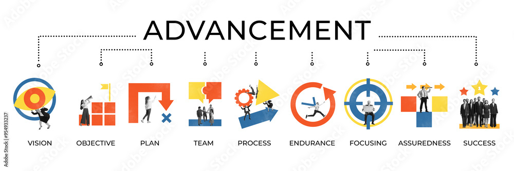 Poster. Contemporary art collage. Sequence of images shows journey from vision to success through structured advancement. Poster. Contemporary art collage. Sequence of images shows journey from vision to success through structured advancement.