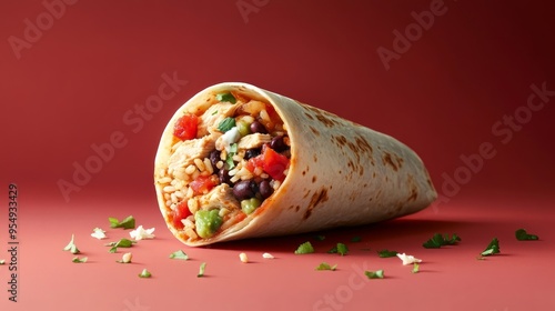 Advertising - testimonial photo of mexican burito with chicken , mexican rice, black beans, salsa, guacamole, cheese, sour cream. burrito must be placed upwards floating on a monochrome background photo