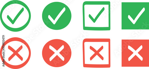Sharp green checkmark and red cross on isolated white background vector symbol for right and wrong choices. Symbol of choice set. Modern flat design, Checkmark icon set. Checkmark right symbol tick.