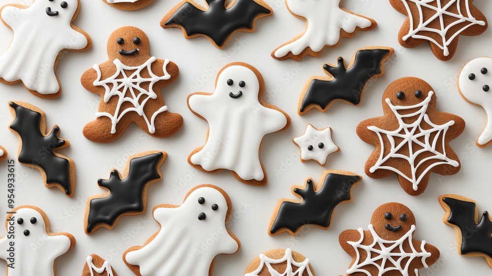 A pattern of gingerbread cookies decorated with black icing and white details, including bats, ghosts, and spider webs, on an isolated light background A pattern of gingerbread cookies decorated with black icing and white details, including bats, ghosts, and spider webs, on an isolated light background
