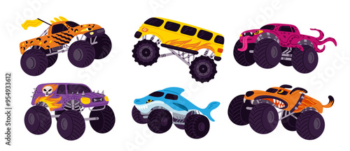 Cartoon monster trucks. Kids car toys. Auto jeeps of aggressive colors. Extreme entertainment sport show. Overcoming obstacles. SUV transport rally. Automobiles race. Garish vector set