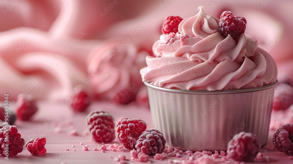 Close-up of a pink yogurt parfait with raspberries and sprinkles on a pink background.