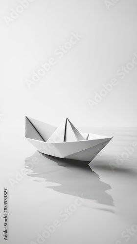 A delicate paper origami boat rests gently on calm water, reflecting a quiet, serene atmosphere under soft lighting