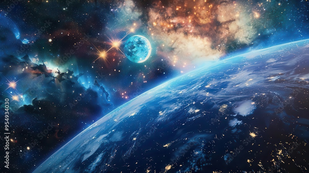 Fototapeta premium aweinspiring view of earth from space swirling energy waves peek of cosmic light deep space background with stars and nebulae