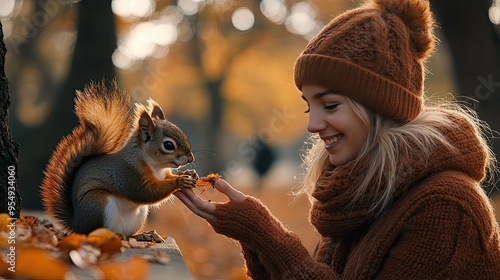 A woman sitting on a bench, with a squirrel eating from her hand