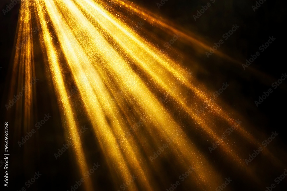 Naklejka premium Golden beams of bright light shining on black background, ai