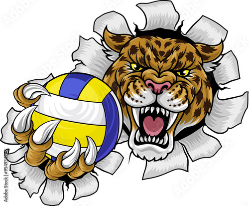 A jaguar, panther, leopard or cheetah wildcat spotted cat volleyball sports team mascot holding a ball