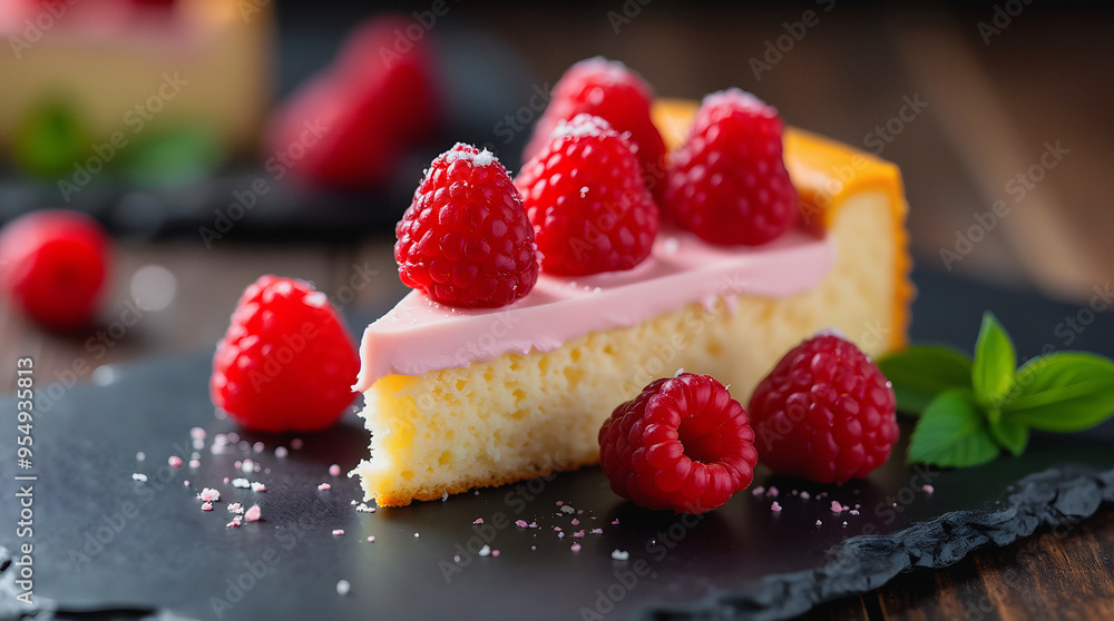Piece of delicious raspberry cake on slate plate closeup Piece of delicious raspberry cake on slate plate closeup