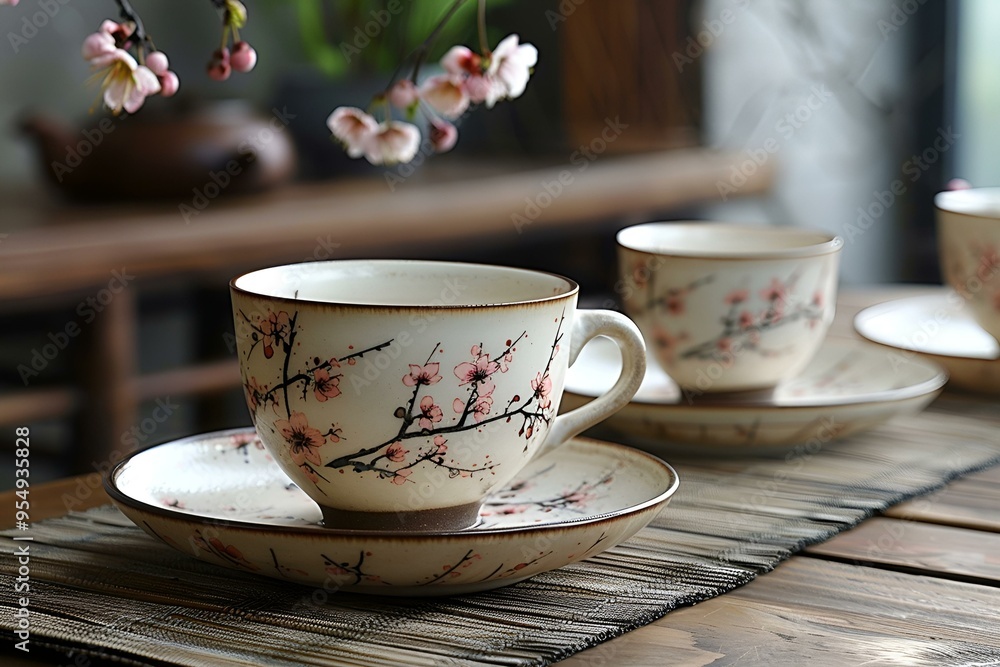 Fototapeta premium a pair of tea cups on a table.