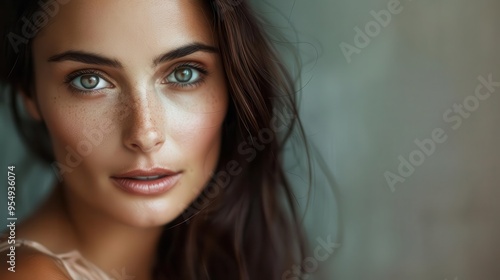 captivating closeup portrait of brunette woman with flawless skin and piercing gaze soft diffused lighting accentuates facial features against neutral gray backdrop embodying timeless beauty