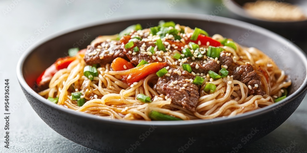 Close-up of a Bowl of Noodles with Beef, Peppers, and Sesame Seeds Close-up of a Bowl of Noodles with Beef, Peppers, and Sesame Seeds