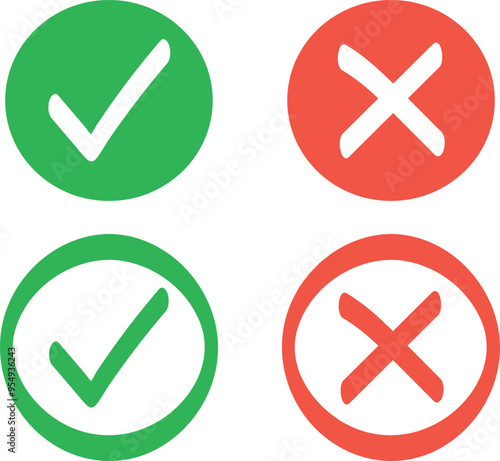 Sharp green checkmark and red cross on isolated white background vector symbol for right and wrong choices. Symbol of choice set. Modern flat design, Checkmark icon set. Checkmark right symbol tick.