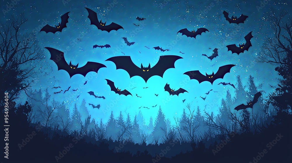Silhouetted bats dart across a starry night sky, over dense forest trees. The composition captures a tranquil yet mysterious ambiance, perfect for night-time scenes. Silhouetted bats dart across a starry night sky, over dense forest trees. The composition captures a tranquil yet mysterious ambiance, perfect for night-time scenes.