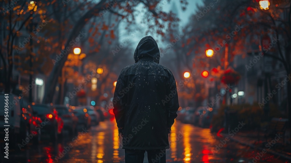 Shadowed figure standing at the edge of a dimly lit street on a rainy night, surrounded by the reflections Shadowed figure standing at the edge of a dimly lit street on a rainy night, surrounded by the reflections