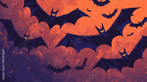 Bats are depicted soaring across a striking, burnt-orange sky with clouds and sparks, invoking a feeling of awe and energy through the dynamic composition and vibrant colors. photo