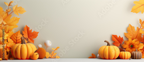Welcome Fall cute advertising 3d banner with free space for text, autumn background with 3d pumpkins and orange leaves