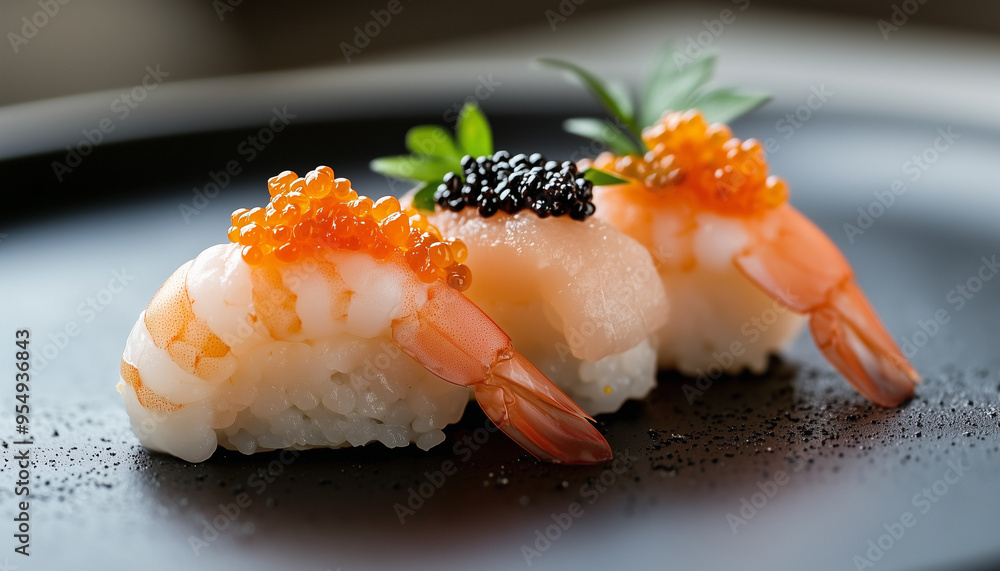 Delicious appetizers with shrimp and caviar on a banquet table. Exquisite food close-up, appetizer, antipasti, seafood platter, sushi and an exquisite dish from the menu of a five-star restaurant Delicious appetizers with shrimp and caviar on a banquet table. Exquisite food close-up, appetizer, antipasti, seafood platter, sushi and an exquisite dish from the menu of a five-star restaurant