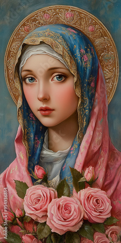 A serene portrait of the Virgin Mary, adorned with roses and a golden halo, symbolizing purity and divine grace.