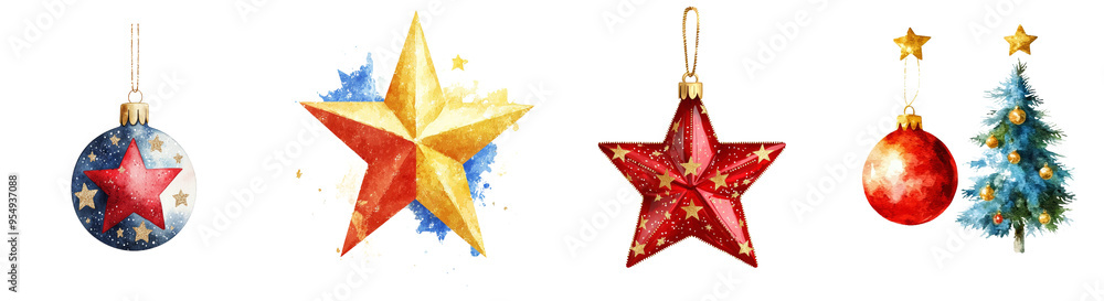 An illustration of a Christmas decoration star made of watercolor with an isolated background. An illustration of a Christmas decoration star made of watercolor with an isolated background.