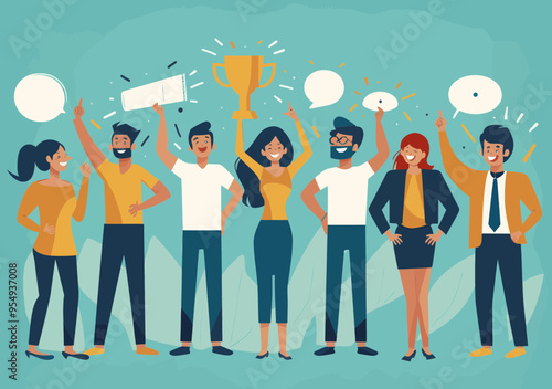 Business Team Celebrating Success with Trophy, Office Colleagues Rejoicing Achievement, Happy Corporate Workers, Vector Illustration