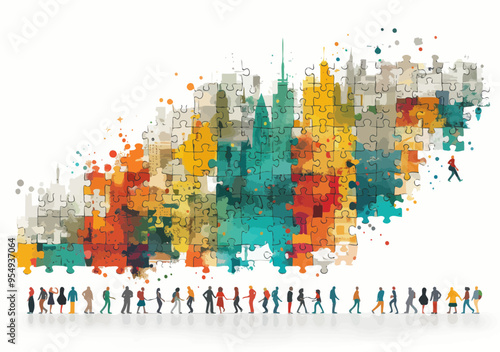 Collaborative Effort Towards Success Concept with People Assembling a Rising Arrow Puzzle in Colorful Vector Illustration