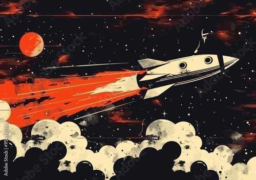 Businessman Rocketing Through Space with a Fiery Engine Blast, Night Sky, Illustration Depicting Ambition, Entrepreneurship, Success, Goal Achievement, Drive, Motivation