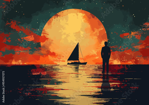 Businessman Sailing Journey at Sunset, Exploring Opportunities, Leadership Concept, Minimalist Vector Illustration