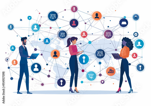 Business Networking Concept with Diverse People and Social Media Icons Connected via Digital Lines, Modern Communication and Online Interaction, Vector Illustration