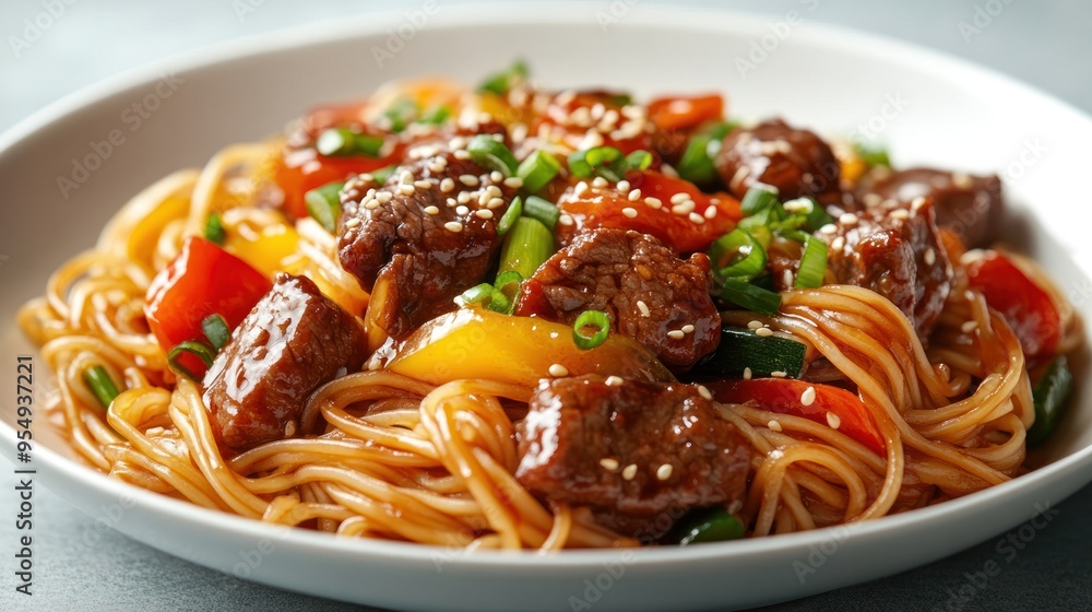 Close-Up of a Savory Noodle Dish with Beef, Peppers, and Sesame Seeds Close-Up of a Savory Noodle Dish with Beef, Peppers, and Sesame Seeds