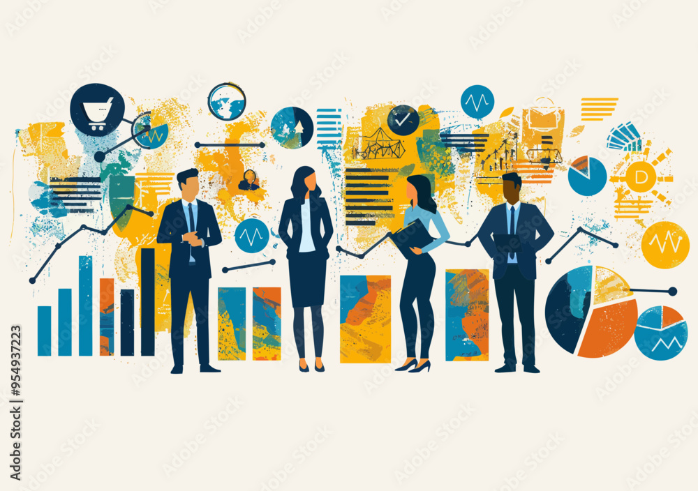 Dynamic Business Team Analyzing Financial Data with Bar Graphs and Icons in a Bright Office Setting - Minimalistic Vector Illustration for Business Strategy and Success Concept Dynamic Business Team Analyzing Financial Data with Bar Graphs and Icons in a Bright Office Setting - Minimalistic Vector Illustration for Business Strategy and Success Concept