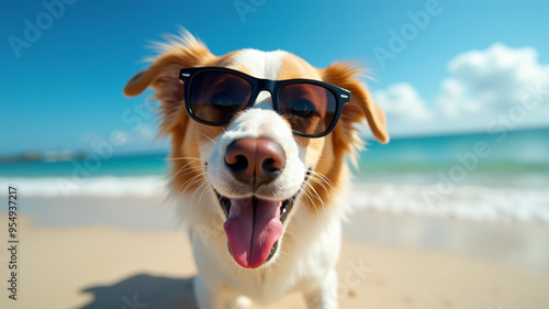 A happy dog wearing sunglasses enjoys a sunny day at the beach, with turquoise waters and clear skies in the background.