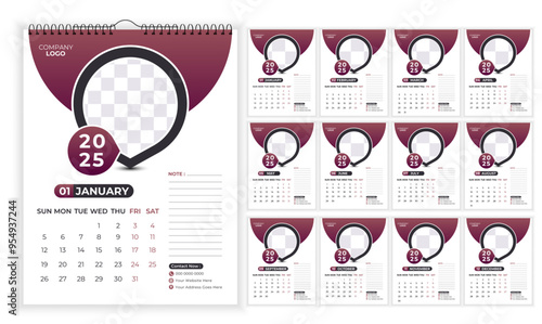 12 page Wall calendar design template 2025, Set of Monthly pages Calendar, Monthly planner design in corporate and business style, Simple calendar with the week starting Monday