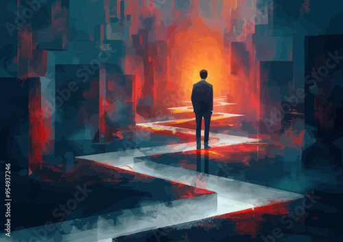Businessman Facing a Challenging Labyrinth Pathway in Abstract Setting, Symbolizing Career Challenges, Problem Solving, and Decision Making, Conceptual Business Illustration
