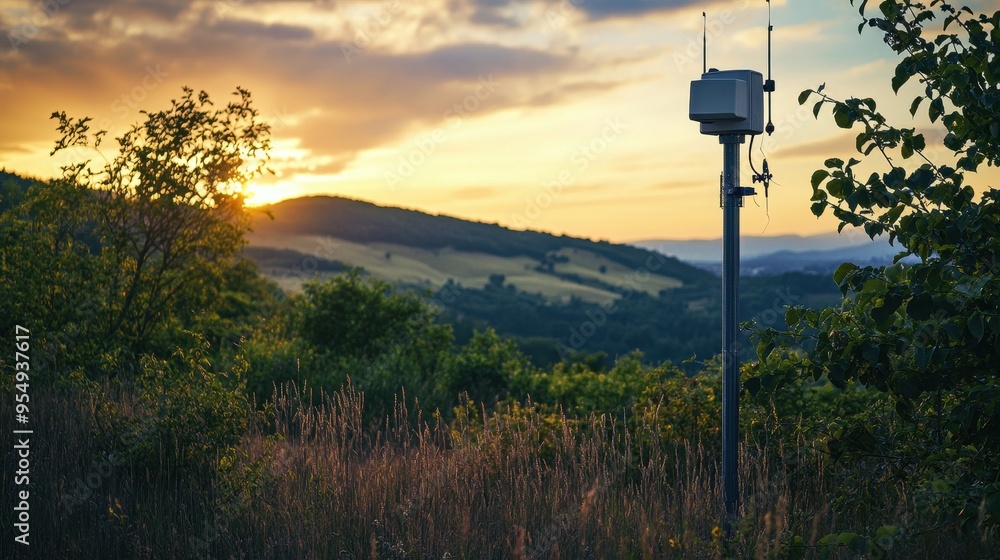 Picturesque Countryside Sunset Landscape with Mountains and Weathervane Picturesque Countryside Sunset Landscape with Mountains and Weathervane
