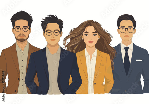 Professional Business Team, Group of Young Business Workers in Formal Attire, Minimalistic Vector Illustration, Collaborative Work, Modern Office Setting, Daytime, Professional and Motivated Mood