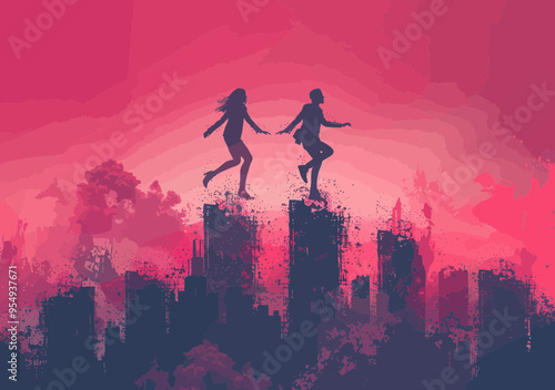 Business Professionals Jumping Over Obstacles in Surreal Urban Setting at Dawn, Overcoming Challenges, Teamwork, and Success Concept, Minimalistic Vector Illustration with Rising Columns