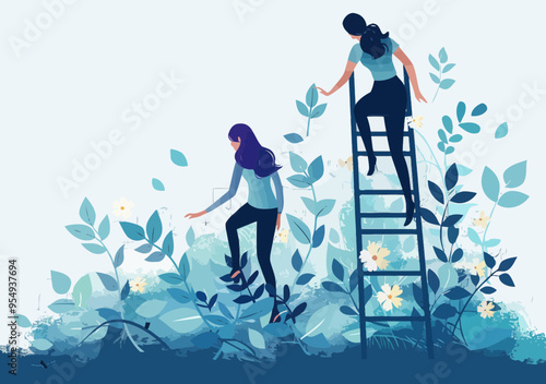 Teamwork in Business: Collaborative Effort to Achieve Goals, Women Climbing Ladder, Team Assistance, Minimalist Vector Illustration