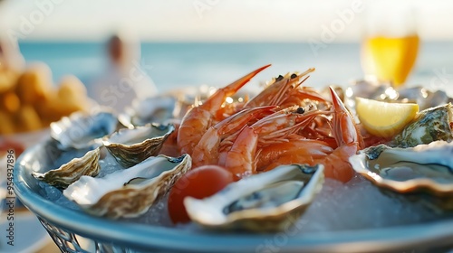 Exquisite Coastal Seafood Platter with Fresh Oysters, Shrimp, and Crab in a Beachside Restaurant Setting photo