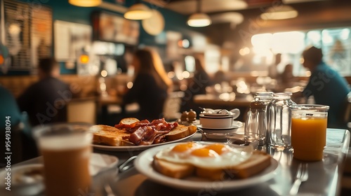 Bustling diner with a classic American breakfast of eggs bacon and toast on the table promoting diner culture comfort food and breakfast options