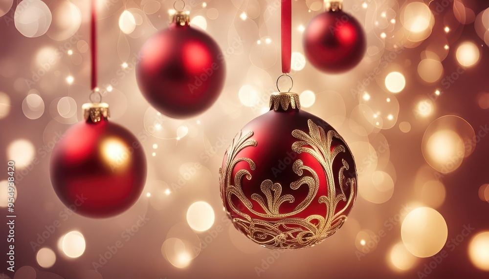Elegant red Christmas ornaments with intricate gold patterns hanging against a festive Elegant red Christmas ornaments with intricate gold patterns hanging against a festive