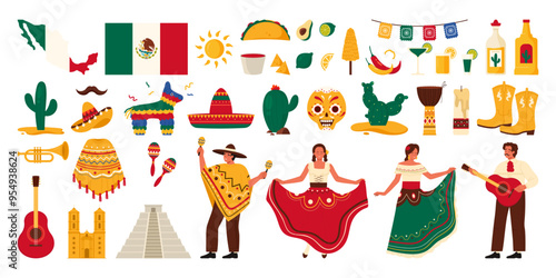 Travel to Mexico set. Mexican food and carnival party stickers collection, symbols of holidays, Latino guitar and sombrero, poncho with bright ornament and maracas cartoon vector illustration