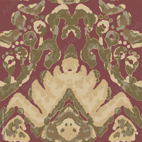 Rhombus Ikat Vector Pattern. Ogee Geometric Print. Vibrant Carpet Rug Chevron Motif.  Gold, Green, and Red Wet Vintage Tie Dye Ornament. Watercolor Batik Seamless Design. Abstract Ethnic Kilim.