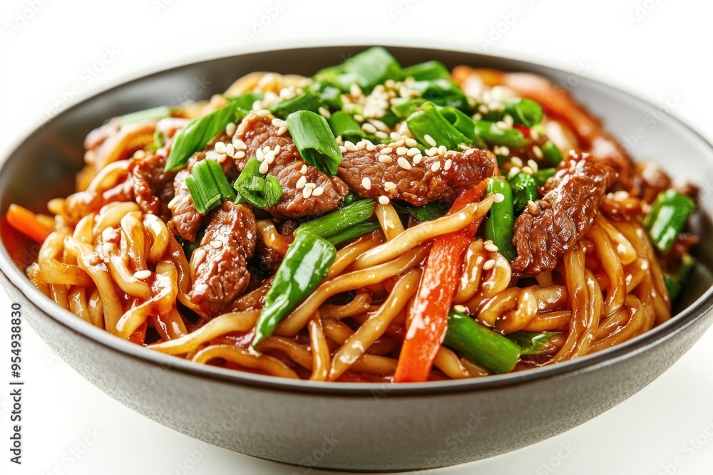Close-up of a Bowl of Beef Udon Noodles with Vegetables and Sesame Seeds Close-up of a Bowl of Beef Udon Noodles with Vegetables and Sesame Seeds