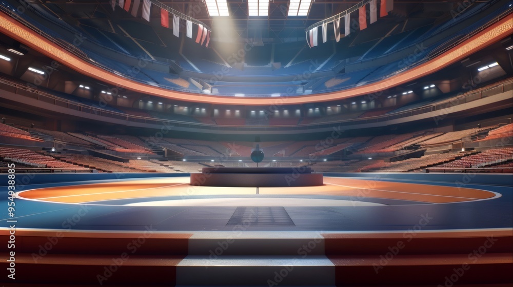 Empty arena with spotlight and steps in the middle of the blue and ...