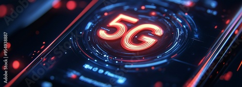 Ultra-fast mobile connectivity is promised via a luminous 5G speedometer on a sleek smartphone interface. photo