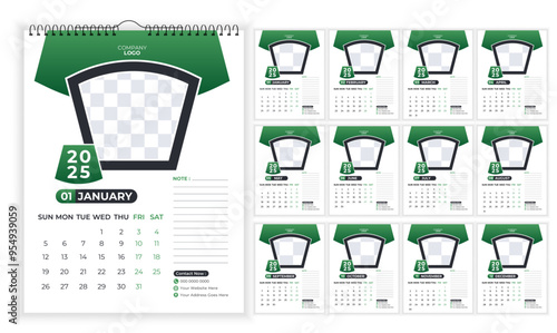 12 page Wall calendar design template 2025, Set of Monthly pages Calendar, Monthly planner design in corporate and business style, Simple calendar with the week starting Monday