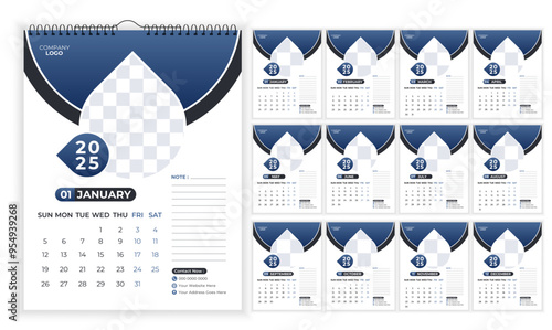 12 page Wall calendar design template 2025, Set of Monthly pages Calendar, Monthly planner design in corporate and business style, Simple calendar with the week starting Monday