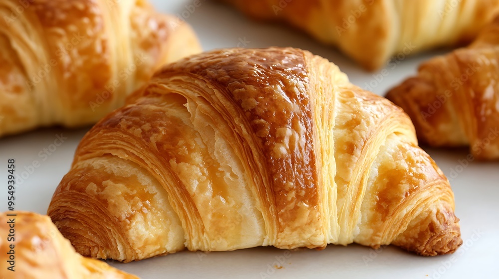 Closeup of freshly baked croissants with a golden brown crust on a white background representing breakfast ideas French pastries and bakery delights Closeup of freshly baked croissants with a golden brown crust on a white background representing breakfast ideas French pastries and bakery delights