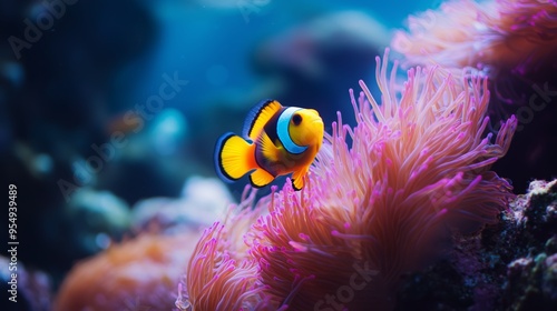 Bright orange clownfish swimming gracefully among vibrant pink sea anemones in a clear ocean habitat