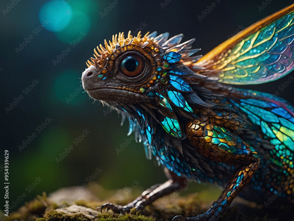 Obraz premium Create a detailed close-up of a small, fantasy animal with glowing, patterned wings and a vibrant, iridescent body.